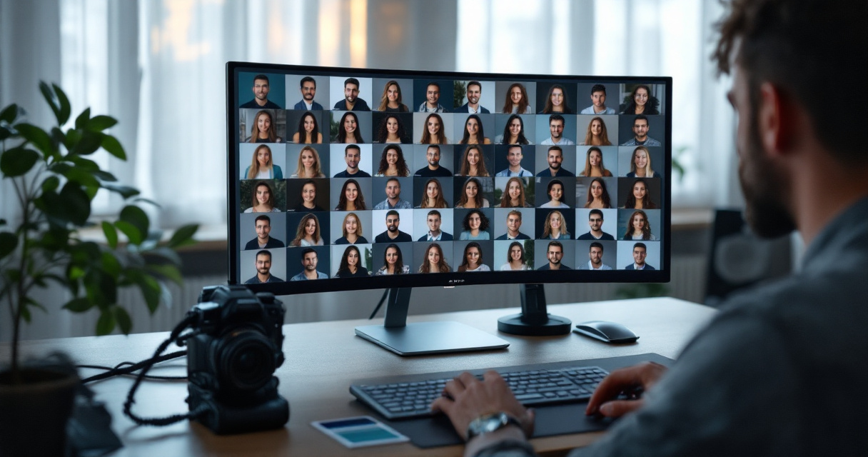 Over-the-shoulder view of workstation reviewing many AI-generated team headshots arranged in a grid