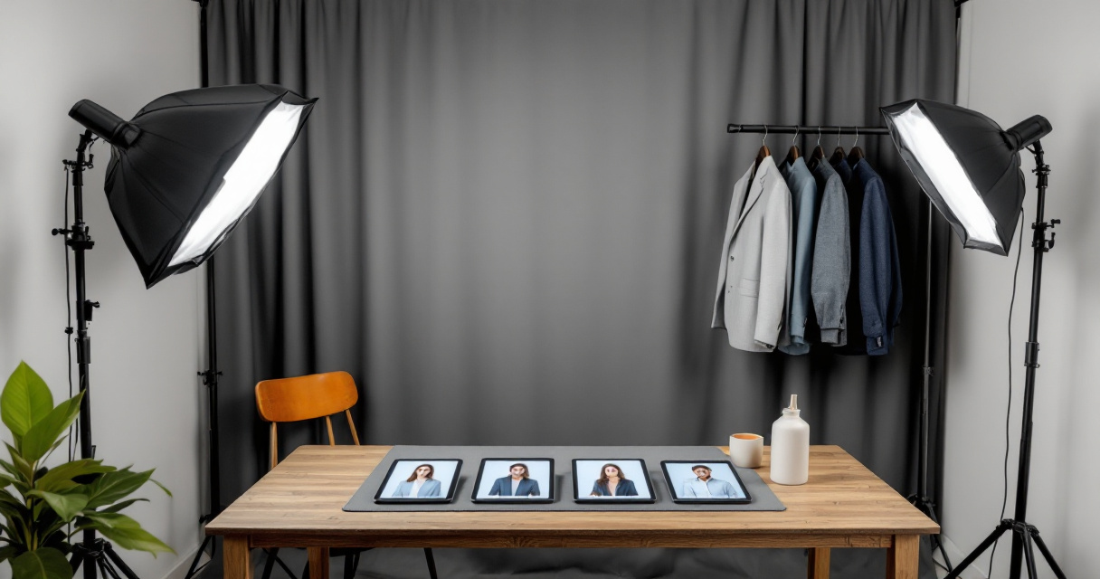 Studio setup with black backdrop, coordinated outfits, and consistent framing for company headshots