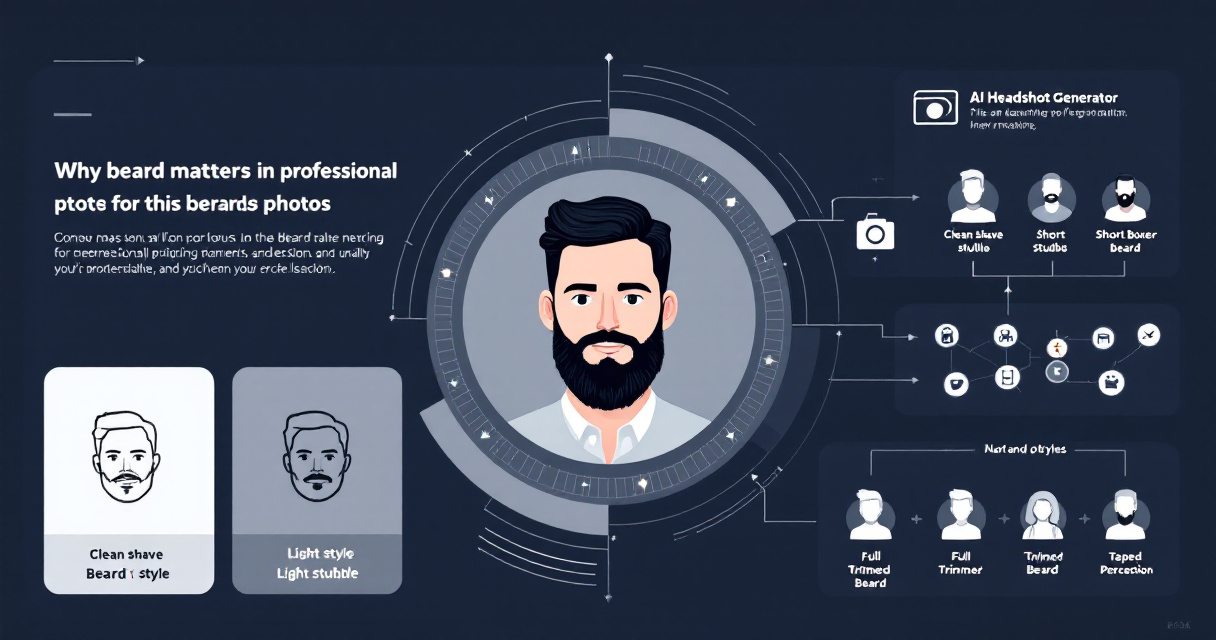 Infographic showing AI tools generating and testing professional beard styles for headshots and social media branding.