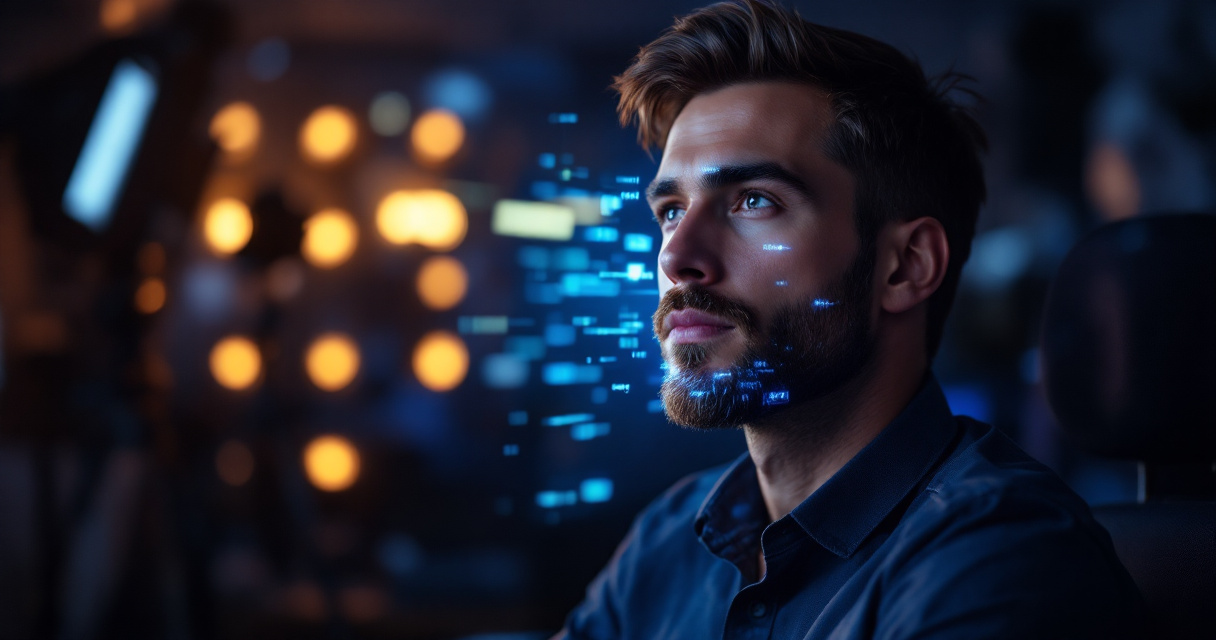 AI visualization generating realistic beard styles around a professional during a studio headshot session