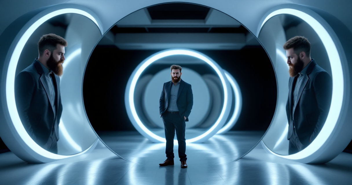 Professional comparing multiple beard styles through reflections before choosing a headshot look