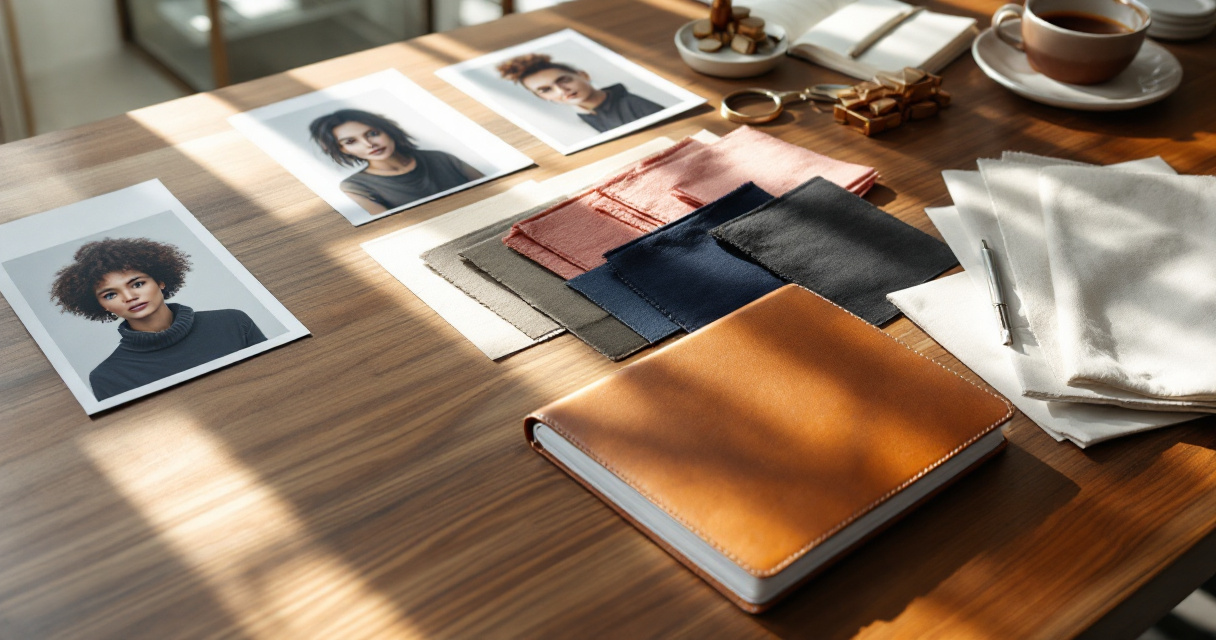 Styled desk with portrait prints and curated color swatches for AI headshot palette planning