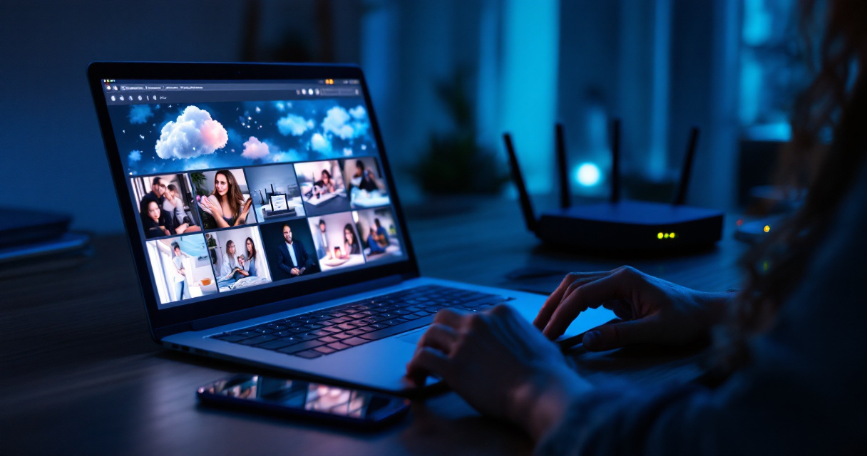 Over-the-shoulder view of laptop uploading personal photos in a dim workspace with black privacy cover