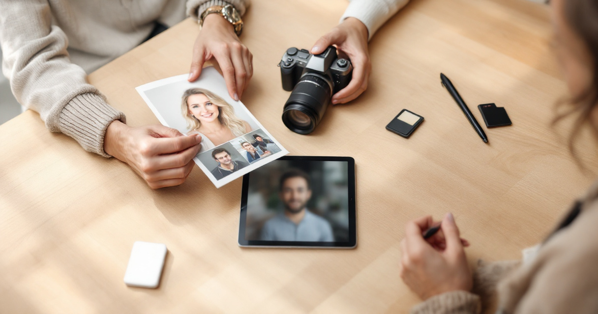 Hands exchanging portrait photo beside tablet and camera gear representing consent for AI portrait use