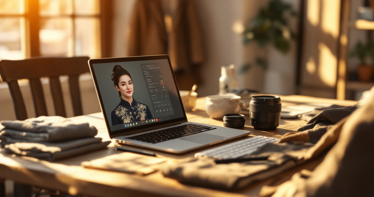 Over‑the‑shoulder view of AI generating a cultural and Western hybrid professional headshot on a laptop