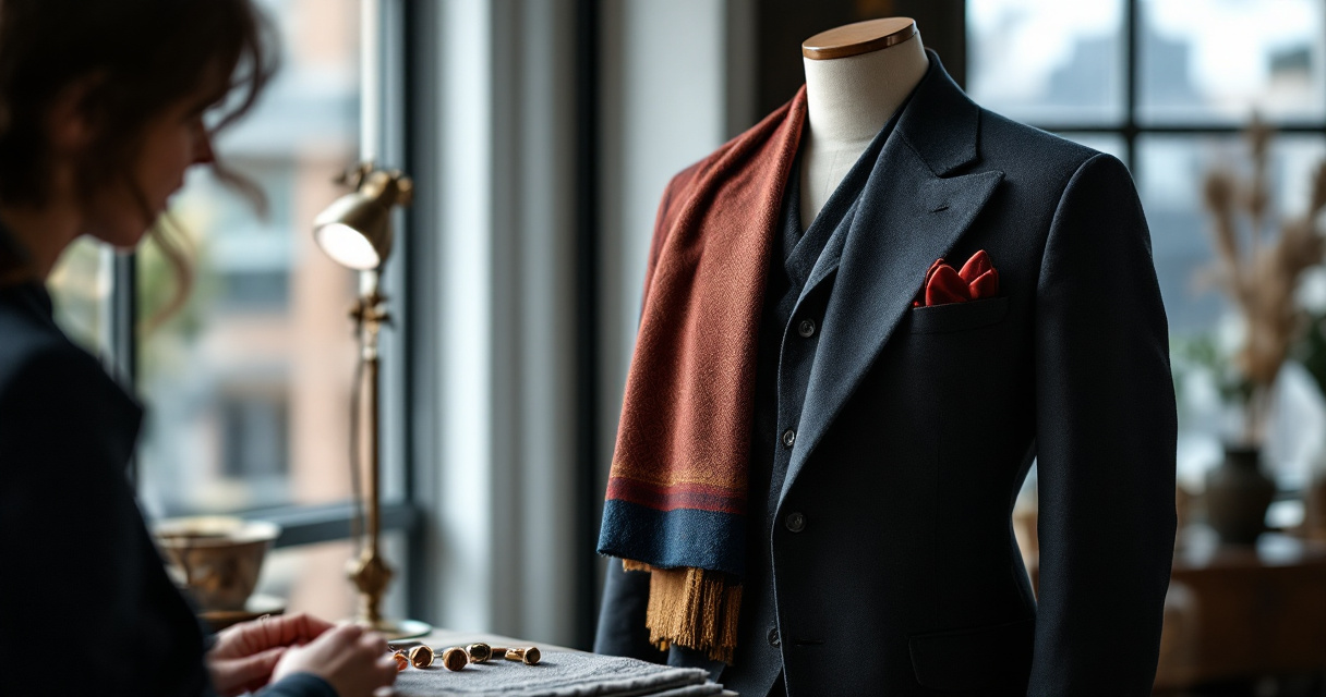 Styling setup combining traditional textile with Western blazer for an authentic hybrid business portrait