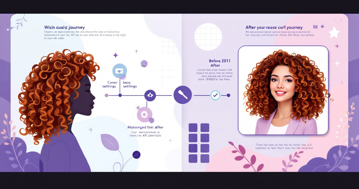 Infographic illustration showing AI headshot optimization process for curly and textured hair with icons and visual flow diagram in purple and warm tones