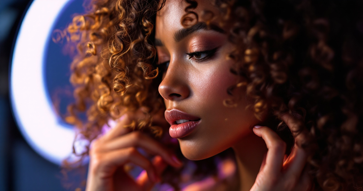 Person with natural curly hair preparing for AI headshot session with professional lighting setup