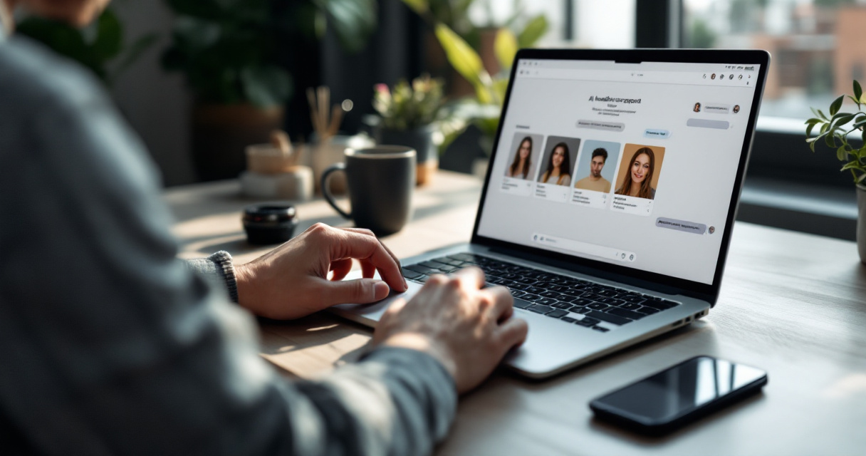 Over‑the‑shoulder view of user contacting AI headshot platform support at a modern desk setup