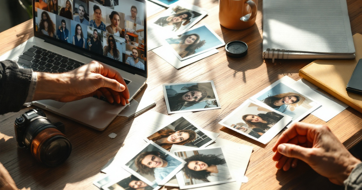 Frustrated user reviewing flawed AI-generated headshot prints scattered across a desk
