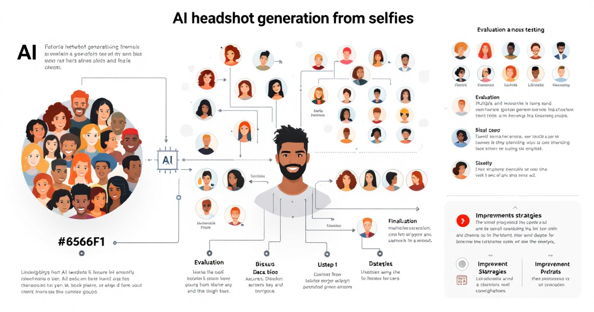 Infographic showing how AI headshot systems process diverse faces, test accuracy across ethnicities, and improve portrait results using modern AI tools.