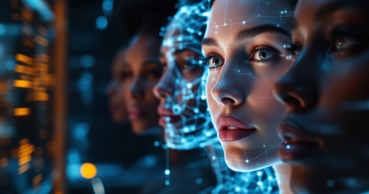 AI system analyzing diverse faces with holographic facial mapping in cinematic studio lighting