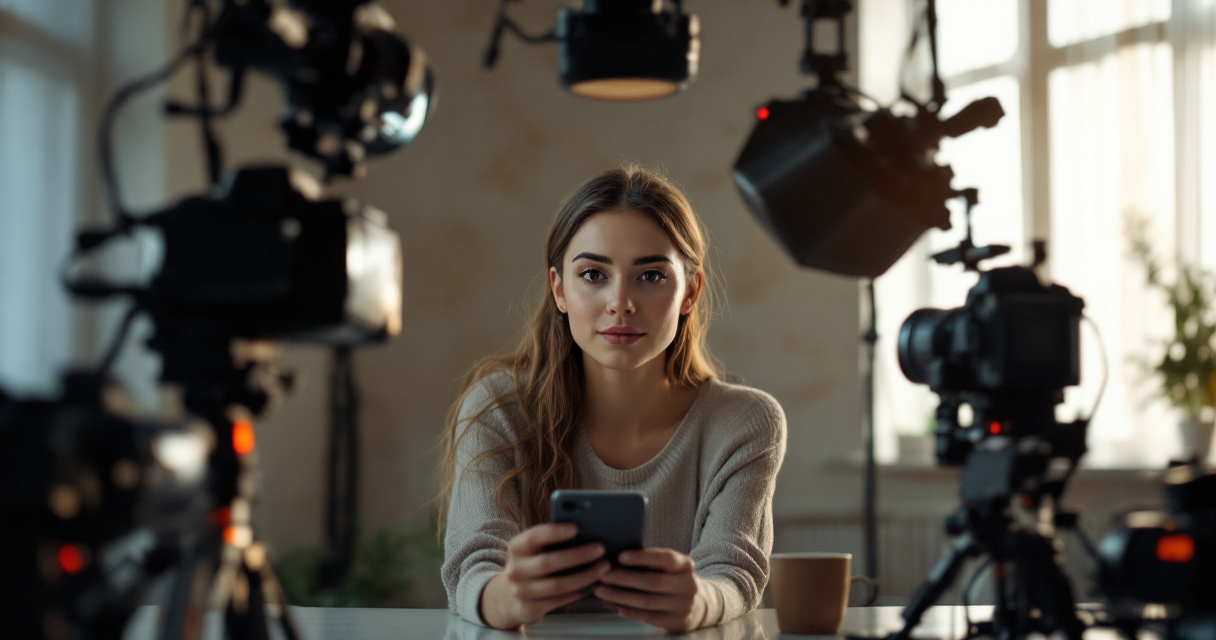 Person capturing varied selfie angles in cinematic studio setup to improve AI headshot accuracy