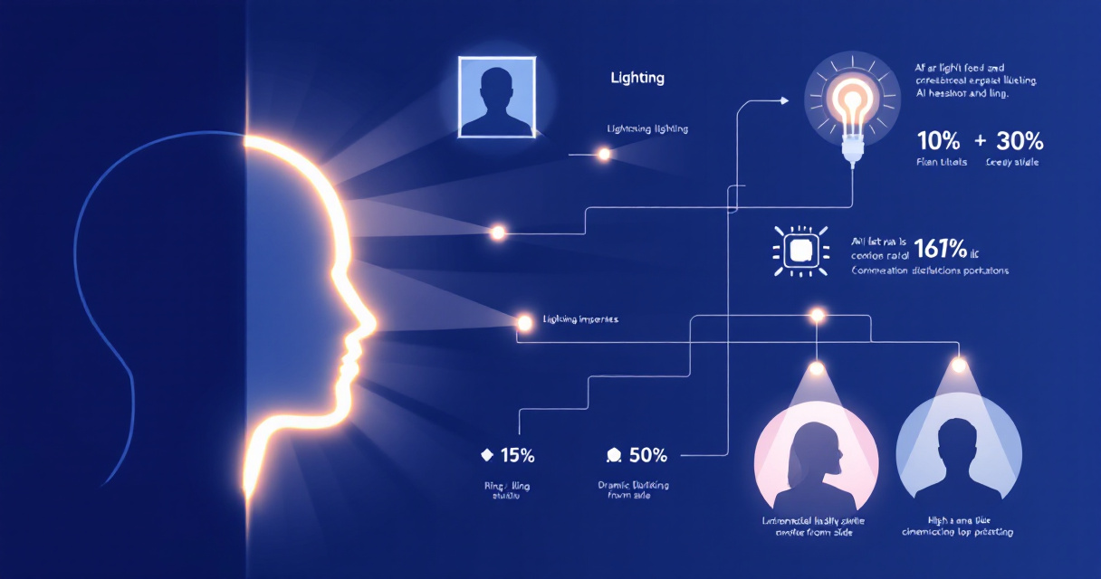Infographic showing how different lighting setups affect AI-generated headshots and how AI simulates portrait lighting styles.
