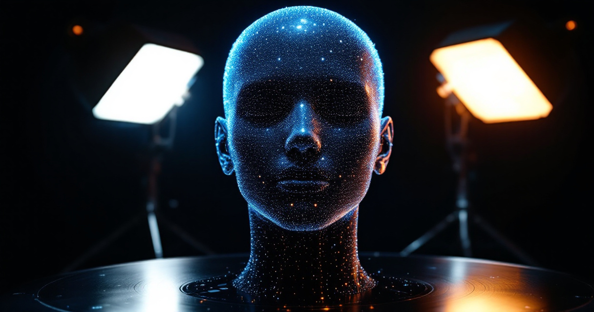 Futuristic AI system simulating studio lighting around a realistic portrait head in a dark studio