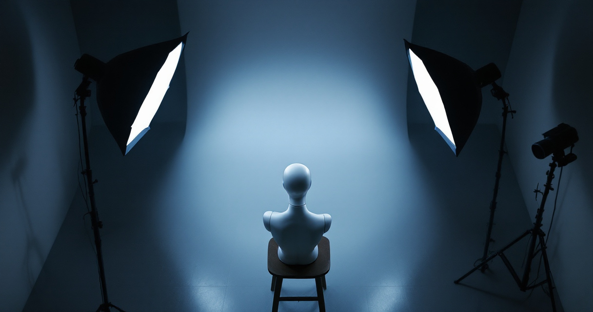 Overhead studio scene showing multiple portrait lighting styles illuminating a mannequin head