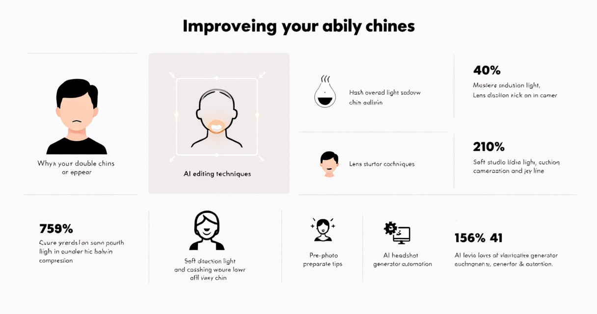 Infographic showing causes of double chins in photos and how AI headshot tools, camera positioning, lighting, and subtle editing improve jawline appearance for professional portraits.