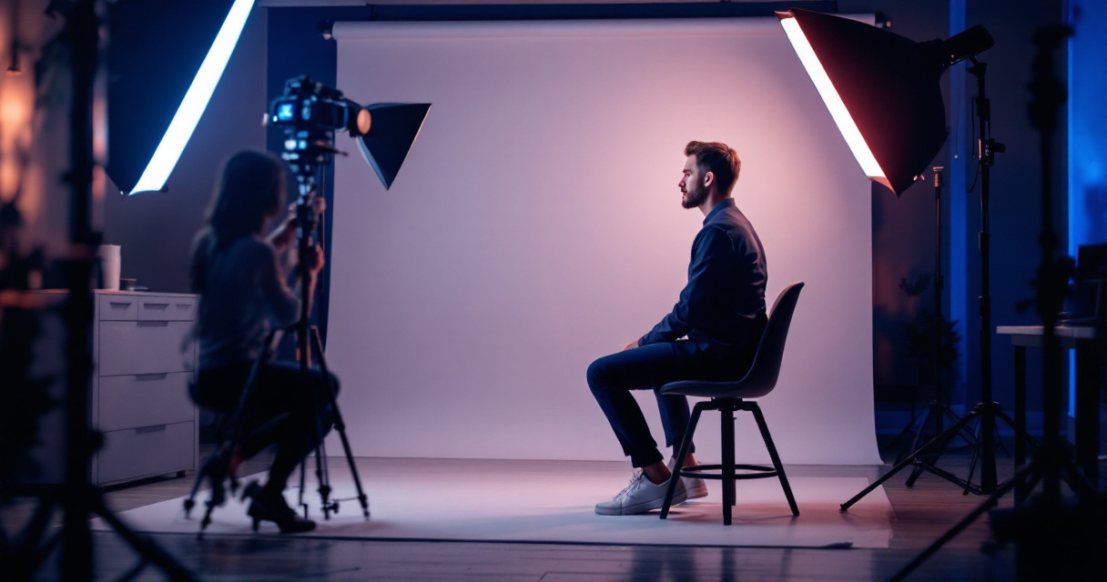 Professional preparing posture and camera angle to reduce double chin before AI headshot editing