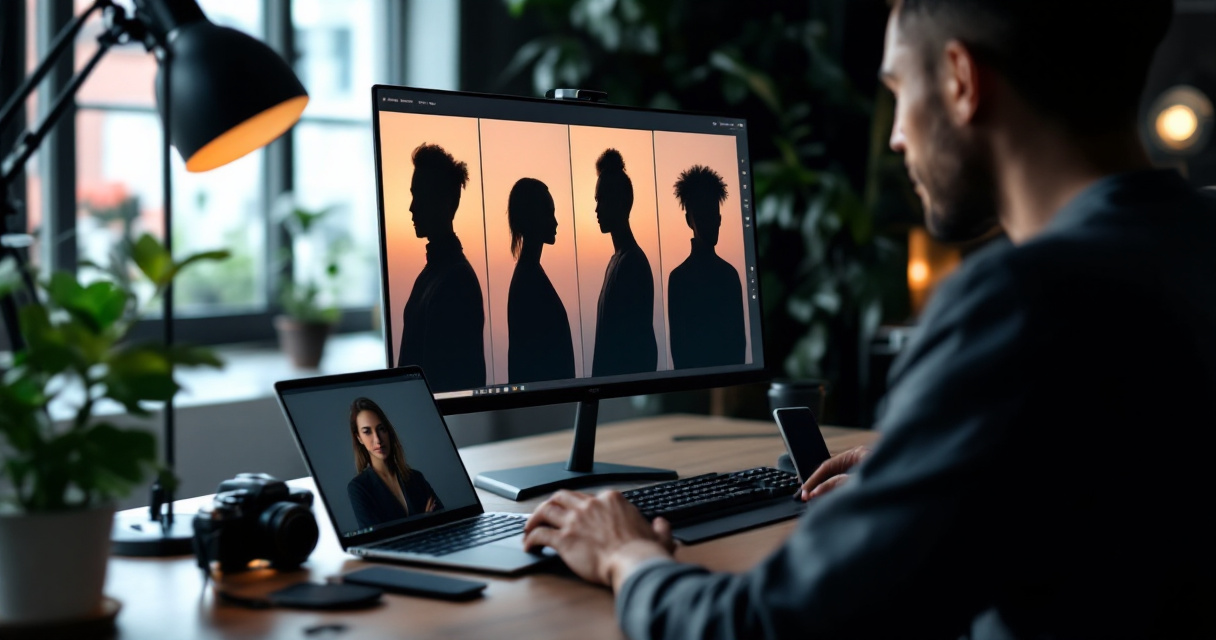 Over-the-shoulder view of tech professional reviewing AI-generated headshot variations at a minimalist desk