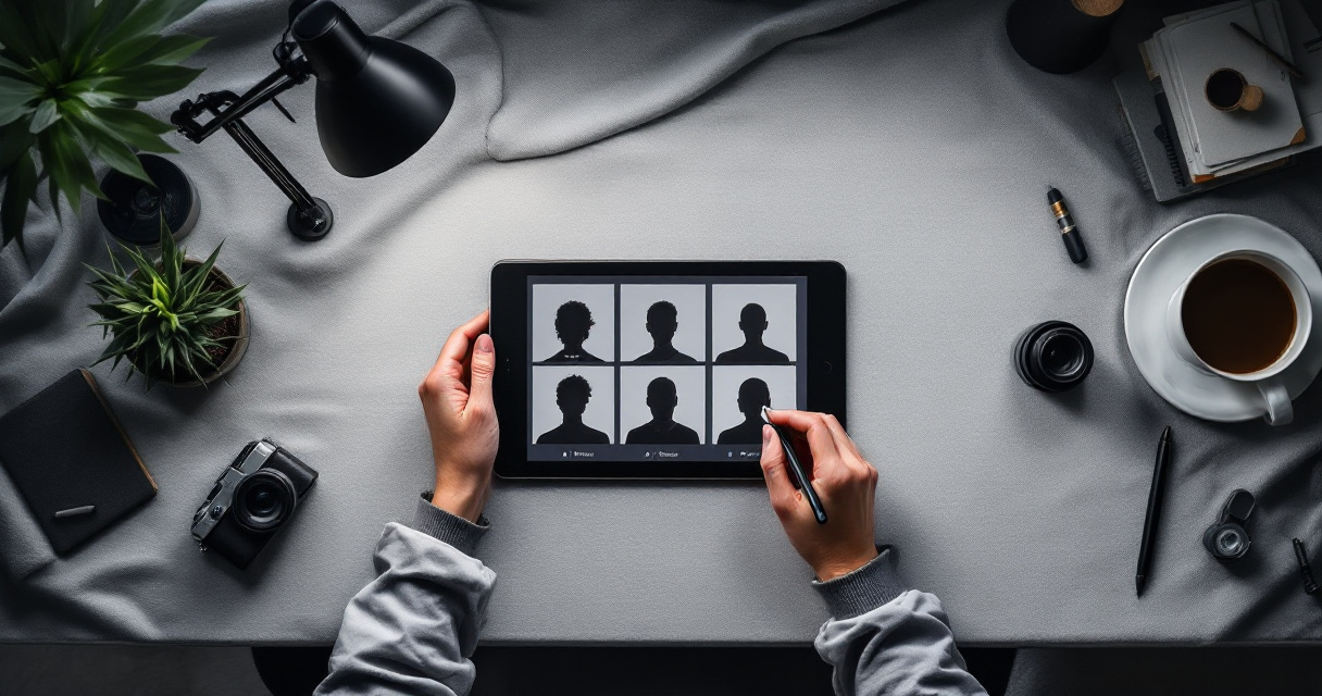 Top-down view of tablet and tools used to engineer a polished AI professional headshot
