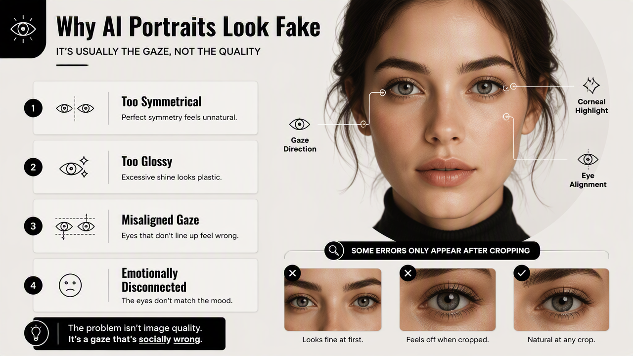 Illustration for What eye contact mistakes make AI portraits look fake?