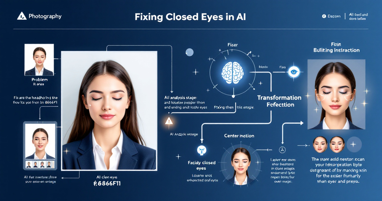 Infographic showing how AI detects closed eyes in a headshot and reconstructs natural-looking open eyes through an AI editing workflow.