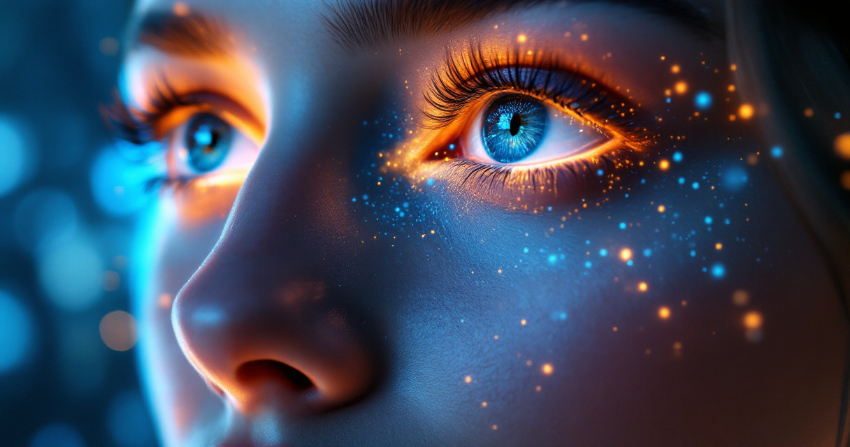 AI system reconstructing closed eyes on a professional headshot using futuristic portrait editing technology