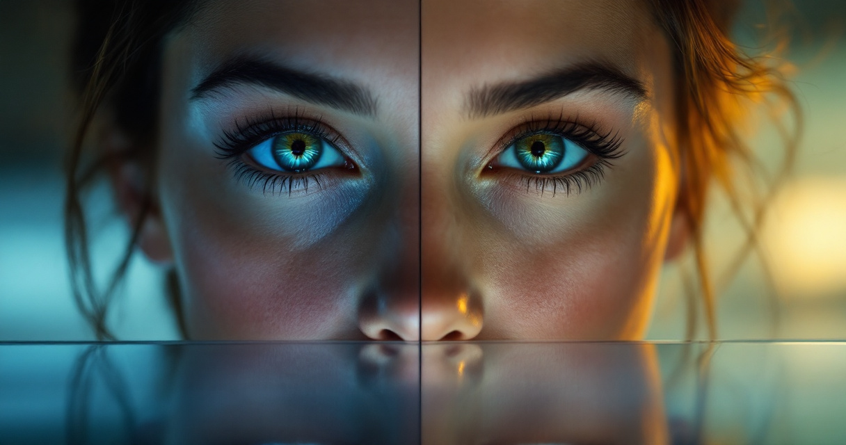 Comparison of natural looking AI corrected portrait eyes versus subtly unnatural edited eyes