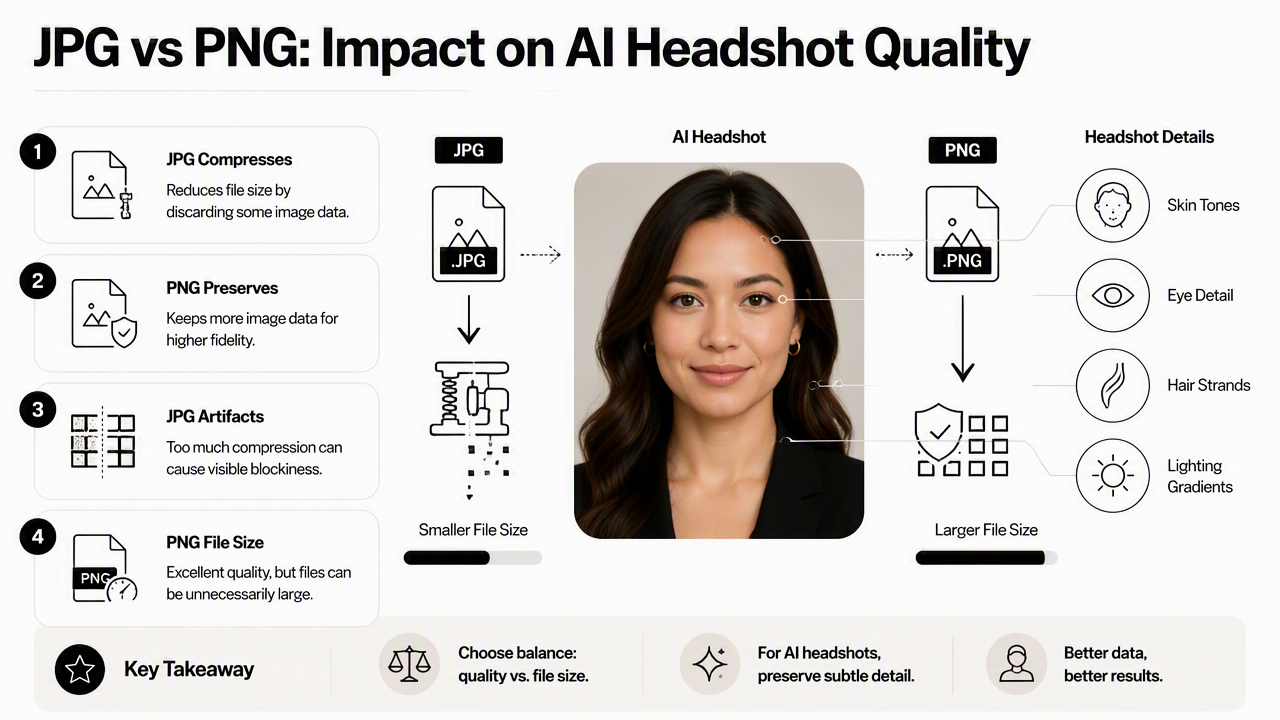 Illustration for How do JPG and PNG affect AI headshot quality?