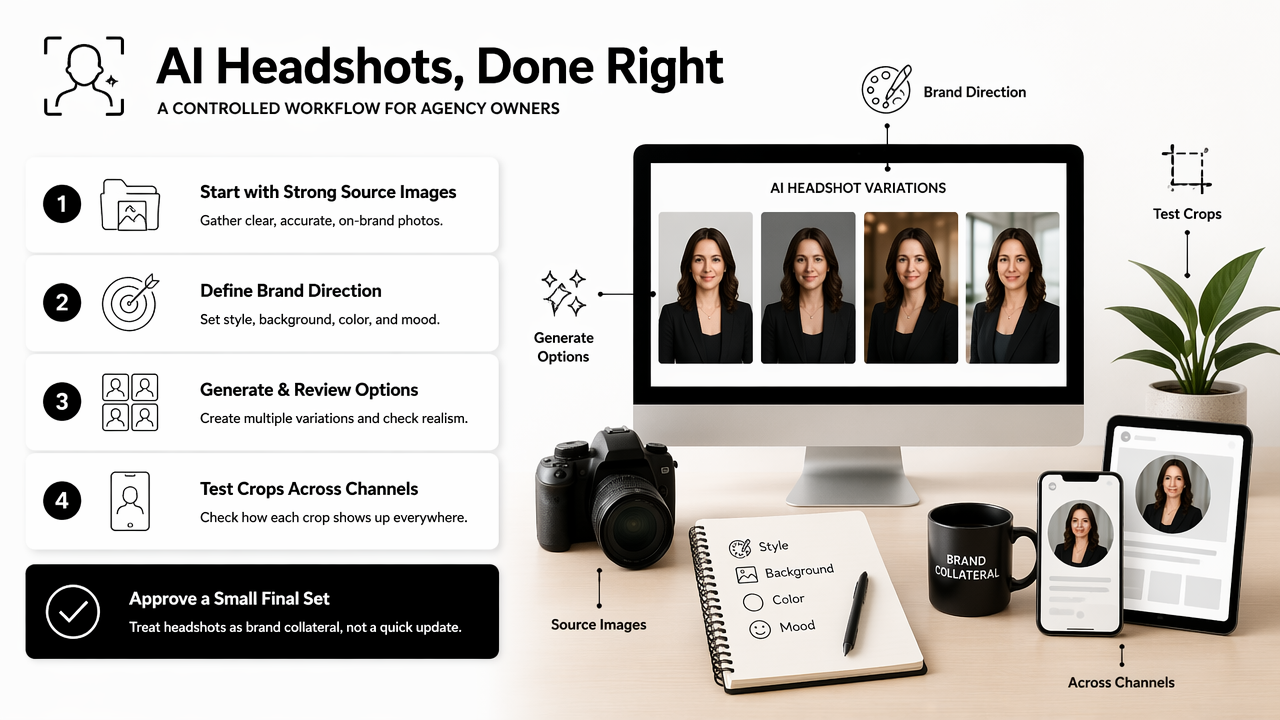 Illustration for How should an agency owner create and approve AI headshots?