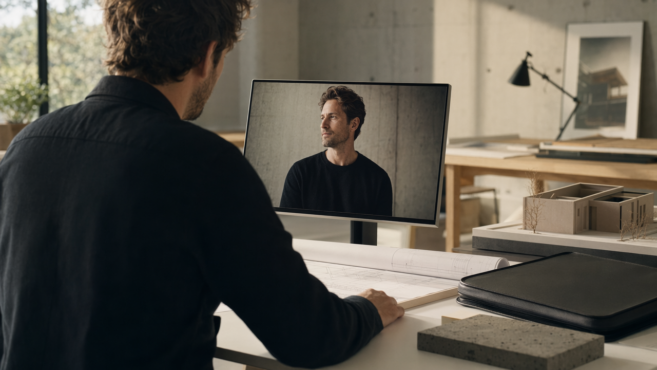 Architect studio desk with monitor displaying polished professional headshot beside models and plans