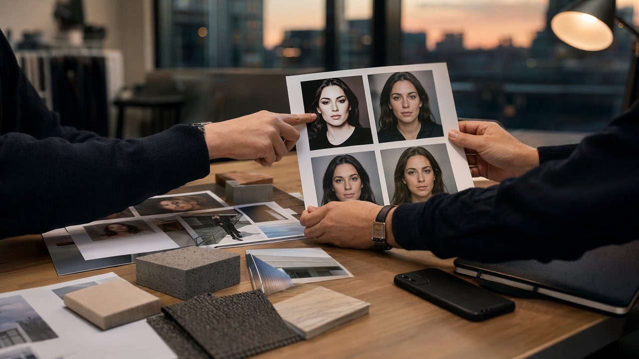 Design office table with hands reviewing portrait prints for authenticity and ethical concerns