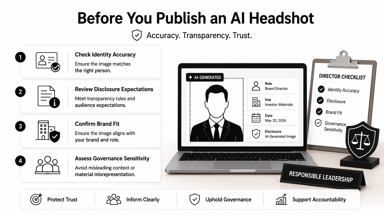 Illustration for What should directors check before publishing an AI-generated headshot?