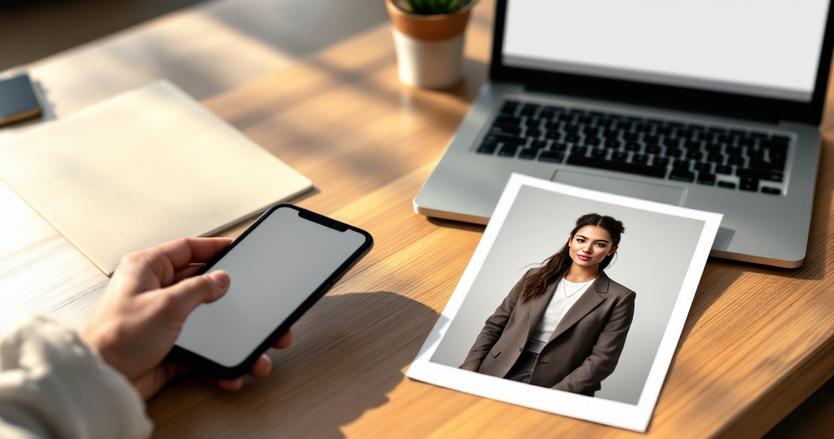 Printed AI headshot options beside laptop for choosing a polished cold email signature photo