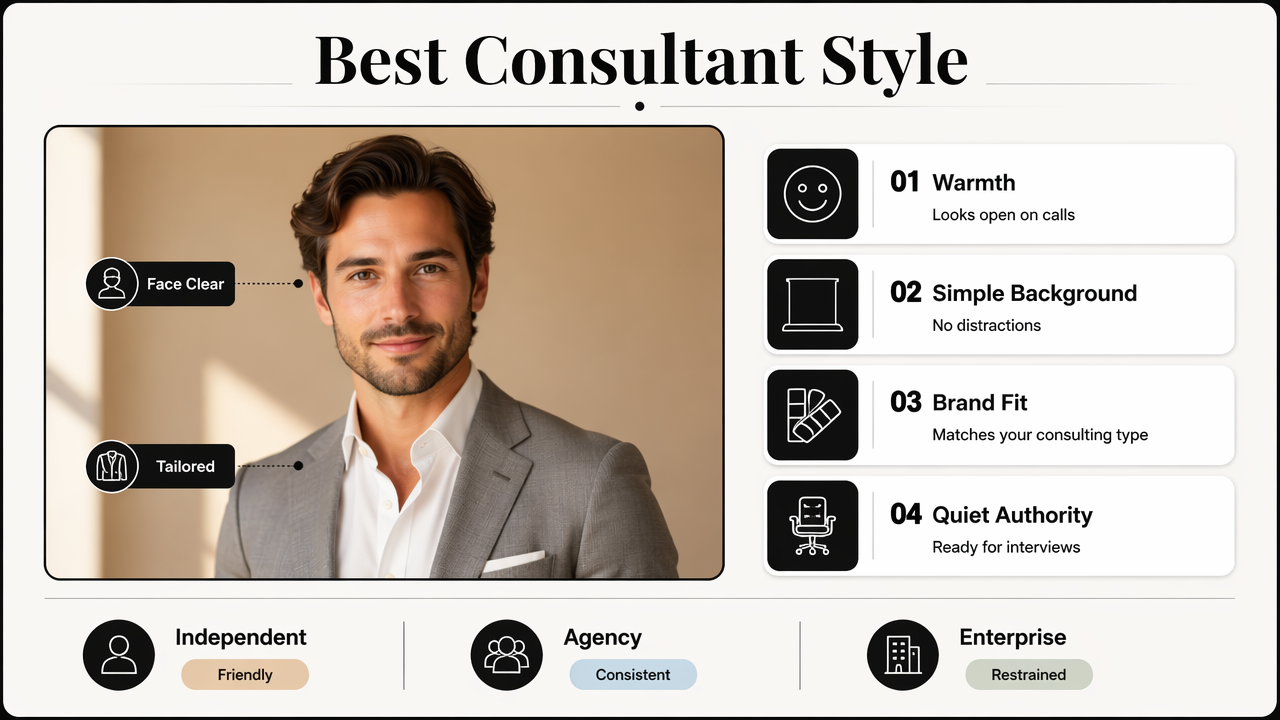 Infographic showing the best consultant LinkedIn headshot style and audience fit.