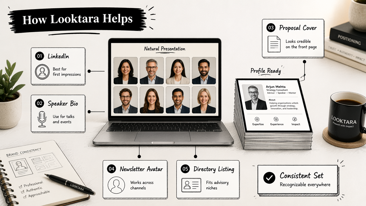Annotated workflow showing Looktara profile image use cases for consultants.
