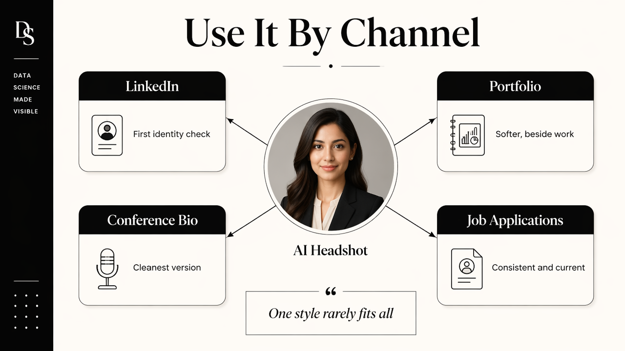 Diagram showing where data scientists should use AI headshots across different channels.