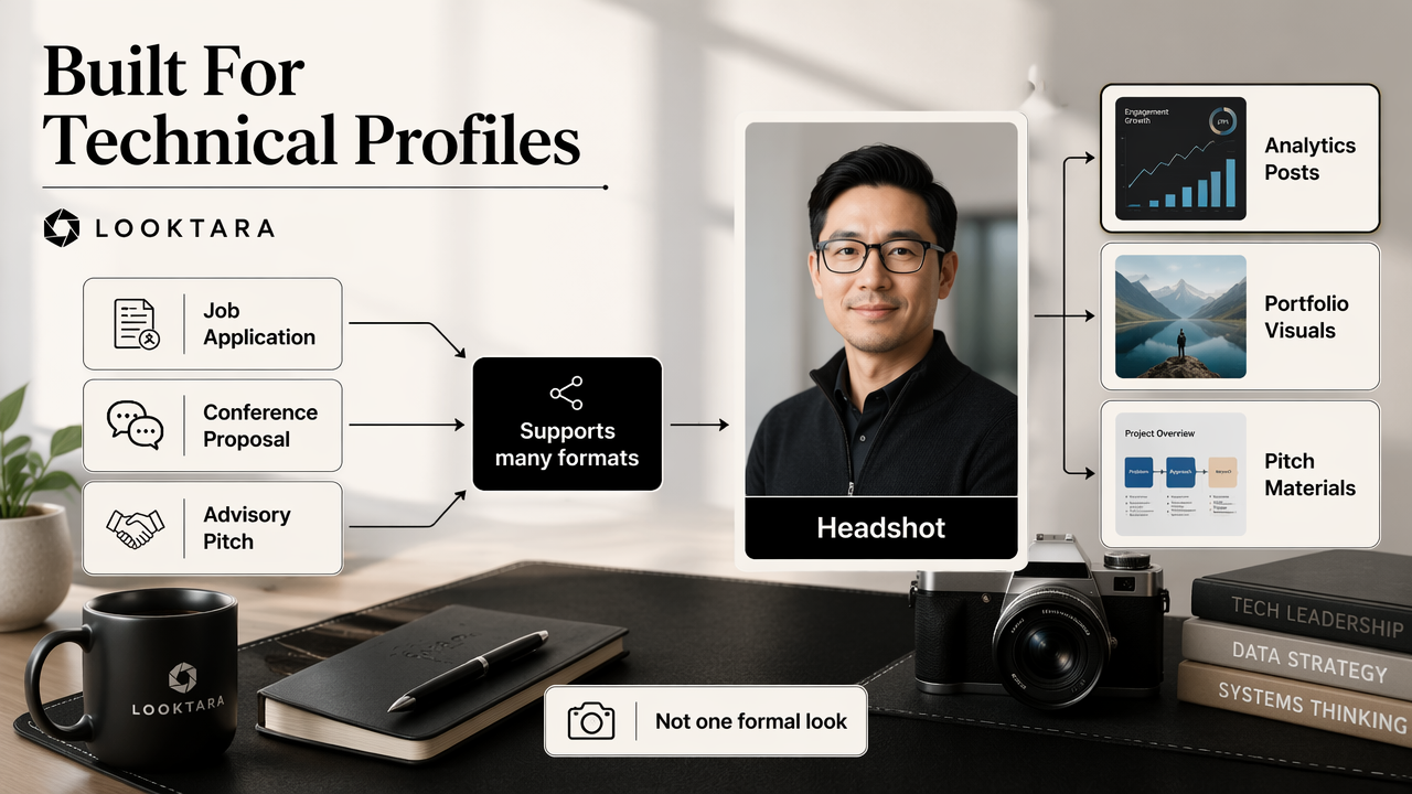 Annotated workspace showing Looktara headshots used across analytics, portfolio, and pitch materials.