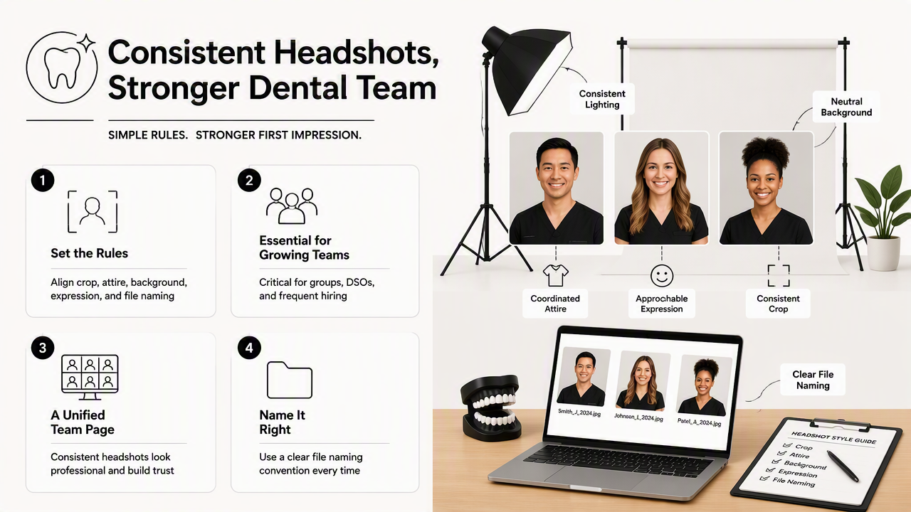 Illustration for How can a dental team keep headshots consistent?