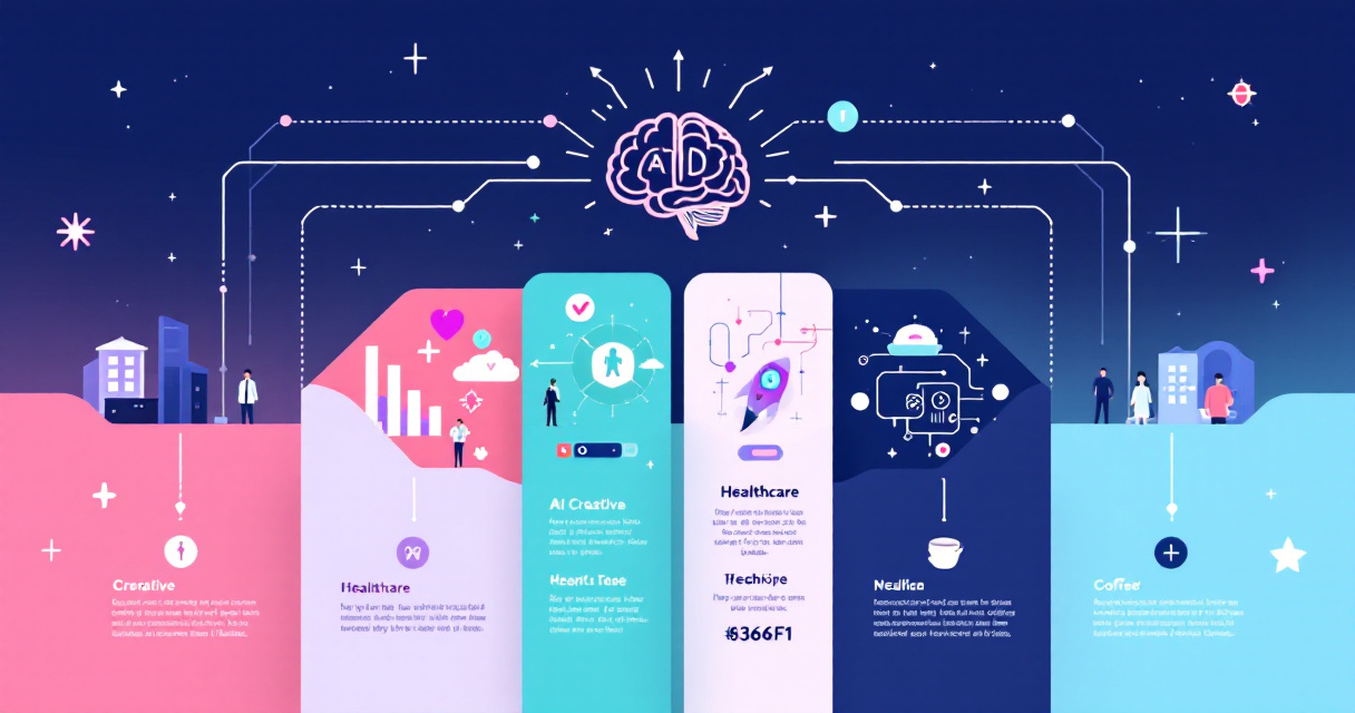 Infographic showing four industry sectors - corporate, creative, healthcare, and tech - with distinct visual styles and icons representing AI headshot customization for each field