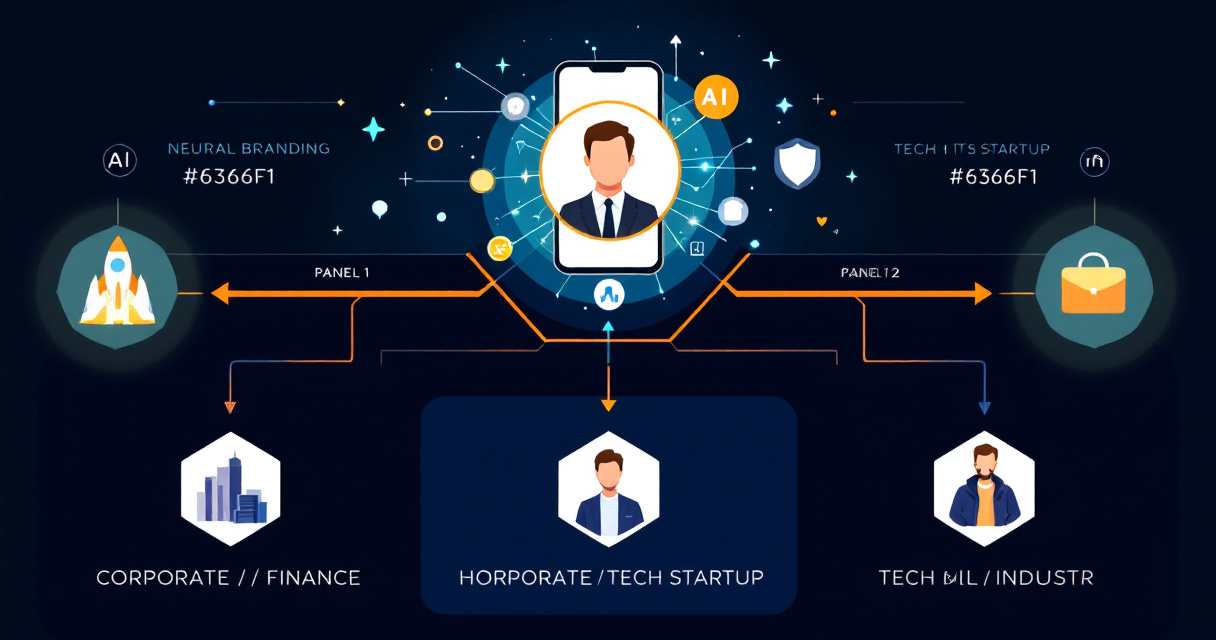 Infographic showing AI transforming a selfie into industry-specific professional headshots for corporate, tech, healthcare, and creators.