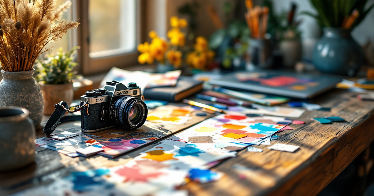 Creative workspace with artistic tools camera paintbrushes and laptop showcasing personality in professional photography settings
