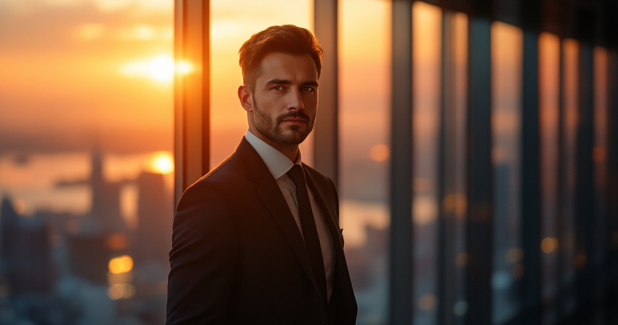Cinematic corporate professional portrait scene with city skyline and indigo lighting symbolizing authority and trust
