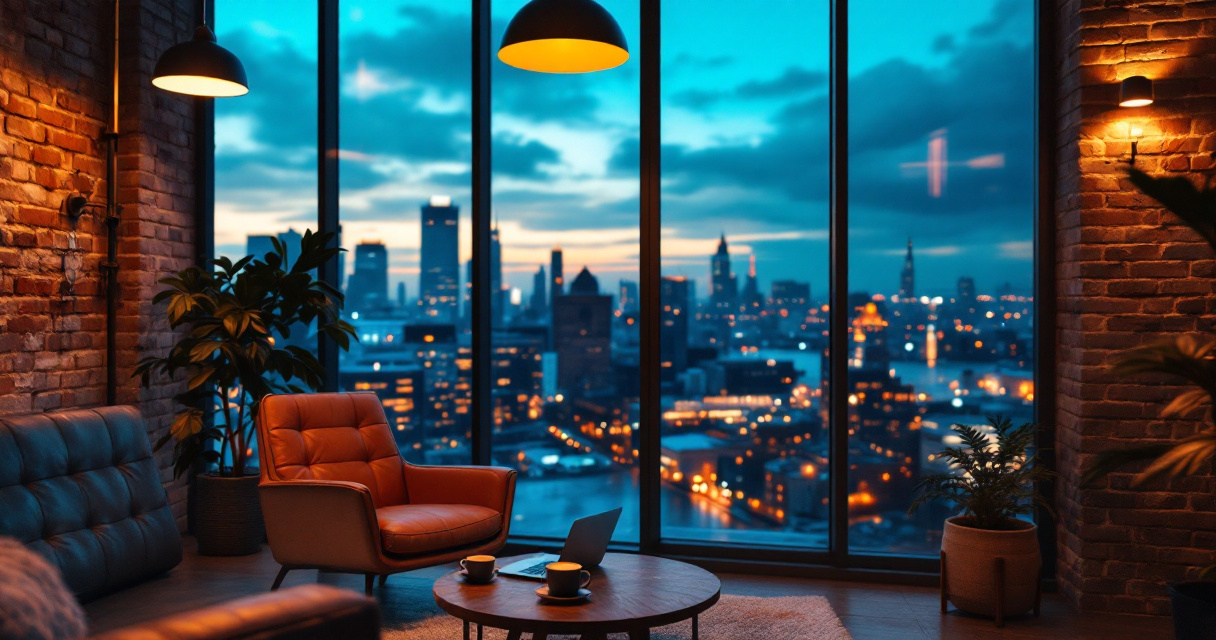 Modern tech startup office lounge with city view representing casual confident professional environment for headshots