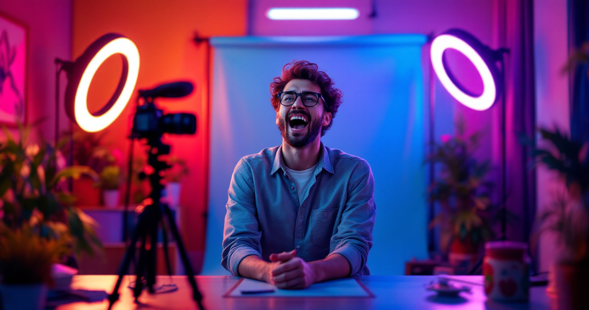 Expressive content creator in vibrant studio with cinematic lighting and indigo accents representing personal branding