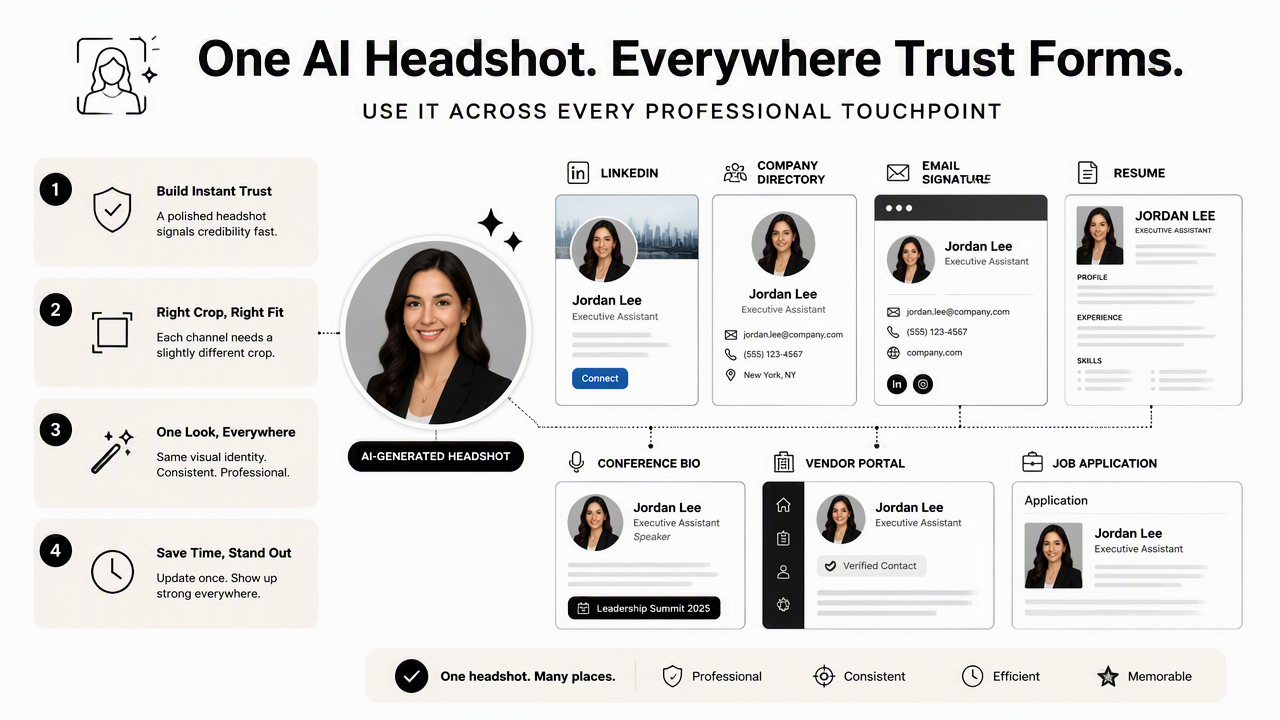 Illustration for Where should executive assistants use an AI-generated headshot?
