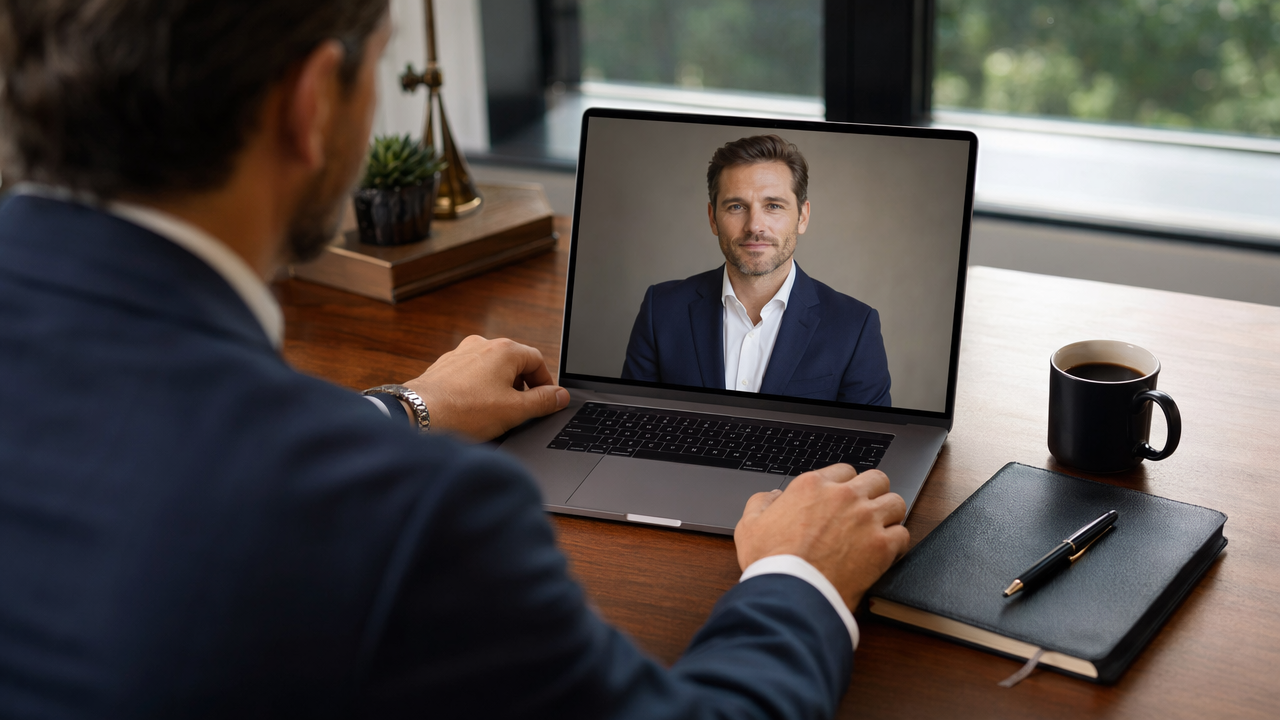 Advisor reviewing a polished AI headshot on a laptop in a refined office