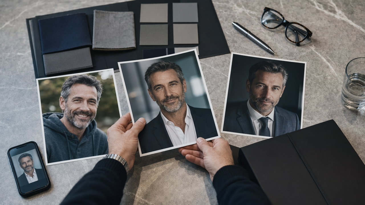 Hands comparing portrait proofs and brand materials during a compliance review