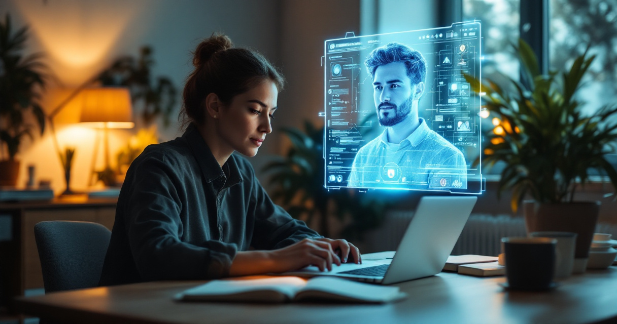 Freelance writer at modern desk creating AI-generated professional headshot with holographic interface