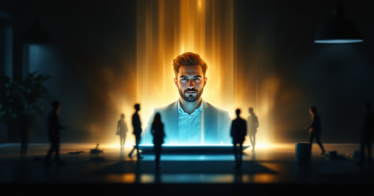 Glowing professional headshot attracting potential clients from a laptop in cinematic workspace